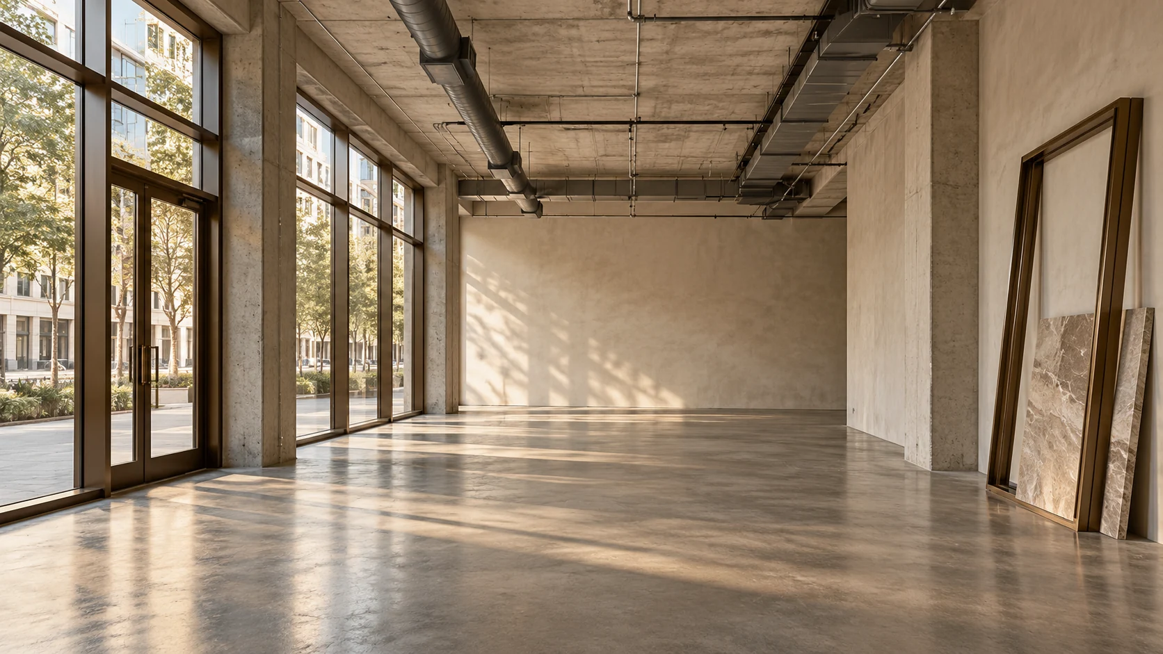 Commercial fit-out concept showing a refined empty shell with bronze storefront framing and coordinated service zones.